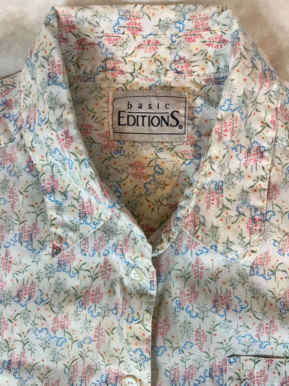 Basic Editions Cream Colorful Botanical Wildflower Button Down Blouse Women's L